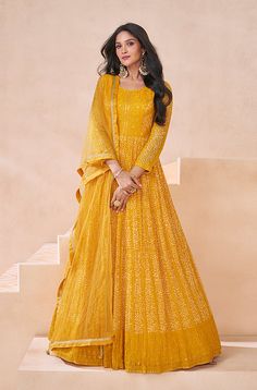 Yellow Designer Embroidered Pure Georgette Party Wear Gown-Saira's Boutique Georgette Anarkali Suits, Wedding Salwar Kameez, Georgette Gown, Georgette Anarkali, Gown With Dupatta, Lehenga Gown, Yellow Gown, Reception Gown, Embroidered Anarkali