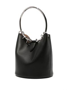 black calf leather smooth grain bucket body ring hardware detailing concealed magnetic fastening single metallic top handle main compartment silver-tone hardware removable pouch suede lining This piece comes complete with a protective dust bag. This item is in size UNI and the color is Black Alaia Bag, Leather Ring, Ring Handle, Stylish Rings, Marc Jacobs Bag, Leather Bucket Bag, Leather Bucket, Designer Shoulder Bags, Crossbody Tote