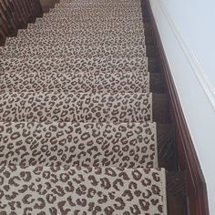 an animal print carpeted stair runner on the bottom of a set of wooden stairs