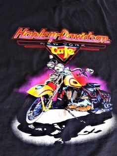 Harley Davidson New York Cafe Black T-Shirt  - Size XL - 100% Cotton  - RARE Vintage 90s We exhaust every resource to do our absolute best to identify and research every item correctly.  We also do our best to identify, clean, and point out any and all issues with our pieces. Please keep in mind that many of the pieces that we offer are vintage or antique and will sometimes have character and some minor wear. Please examine the photos closely because they are part of the description. If in the r Cafe Black, Harley Davidson Artwork, Vintage Harley Davidson, Shirt Design Inspiration, Biker Style, Black Tshirt, Harley Davidson, Vintage Art, New York