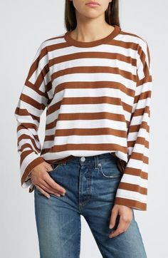 In breathable cotton jersey, this easy, striped crewneck T-shirt has wide, long sleeves and an oversized fit that's perfect for tucking into your waistband. 23" length (size Medium) Crewneck Long sleeves Dropped shoulders 100% cotton Machine wash, tumble dry Imported Striped Crewneck, Madewell, Nordstrom, Long Sleeves, Crew Neck, Size Medium, Long Sleeve, T Shirt