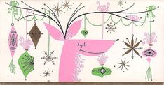 a pink and green christmas card with ornaments hanging from it