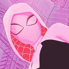 a spider - man is standing in front of a pink background with buildings and skyscrapers