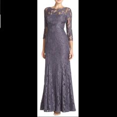 3/4 Sleeve Lace Gown In Gun Metal Brand New! Formal Purple Mother Of The Bride Dress, Elegant Lavender Evening Dress For Formal Events, Elegant Purple Dress For Mother Of The Bride, Elegant Purple Lace Evening Dress, Elegant Purple Evening Dress For Dinner, Purple Evening Dress For Mother Of The Bride, Fitted Purple Gown For Mother Of The Bride, Dressy Clothes, Knitted Items