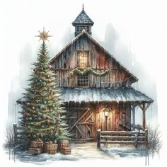 a watercolor painting of a barn with a christmas tree