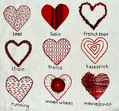 the different types of hearts are shown in red, white and black embroidery on linen