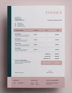 an invoice is shown on top of a pink and green paper with the words in