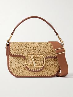 Valentino Garavani's 'Alltime' bag is woven from faux raffia and traced with leather for subtle structure. It has a short top handle and webbing shoulder strap, both of which feature gold-tone hardware that matches the large logo plaque on the front. There's plenty of space inside for your phone, cardholder and sunglasses. Luxury Woven Leather Straw Bag, Rectangular, Designer Rectangular Straw Bag With Gold-tone Hardware, Designer Straw Bags With Intrecciato Weave, Designer Rectangular Straw Bag With Woven Leather, Luxury Rectangular Straw Bag With Woven Leather, Designer Crochet Woven Bag, Designer Natural Straw Bag With Gold-tone Hardware, Designer Straw Bag With Braided Handles, Luxury Rectangular Straw Bags