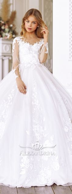 Elegant Long Sleeve Ball Gown For Quinceanera, White Long Sleeve Ball Gown For Wedding, Long Sleeve Organza Dress For Ceremony, Princess Style Long Sleeve Tulle Ball Gown, White Ball Gown Dress With Detachable Train, Long Sleeve Lace Ball Gown With Lace Bodice, Long Sleeve Tulle Ball Gown For Wedding, Ball Gown With Lace Sleeves And Fitted Bodice, Princess Ball Gown With Sheer Bodice For Wedding