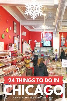 people are shopping in the chicago store with red walls