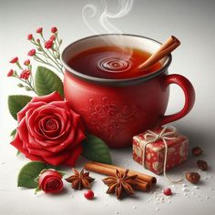 a painting of a cup of tea with cinnamons and star anise on the side