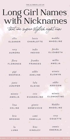 the long girl names with nickannes are in pink and black font on a white background