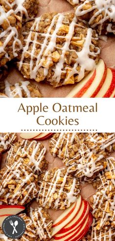 apple oatmeal cookies with white icing on top and an apple in the background