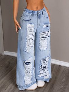 Cute Ripped Jeans, Jeans With Pockets, Neat Casual Outfits, Casual Chic Outfits, Shein Icon, Chic Pants, Cute Pants, Fun Pants, Baggy Pants