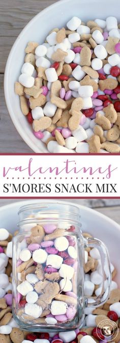 this is an image of valentine's day snack mix in a glass jar with marshmallows