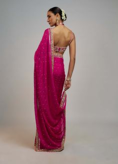 Gopi Vaid | Pink Anupa Sari And Blouse | INDIASPOPUP.COM Indiana Outfits, Indian Wedding Outfits Guest For Women, Zardozi Border, Indian Fits, Pink Sari, Gopi Vaid, Saree Jacket, Powerful Goddess, Saree Jacket Designs