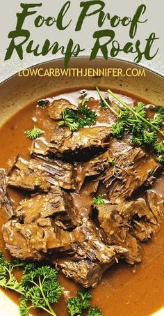 a bowl filled with beef and broccoli in gravy on top of a table