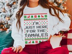 If you love tamales, then this sweatshirt is for you! This Spanish ugly Christmas sweatshirt will be a hit at the next posada that you attend! ✨Please check the SIZE CHART image on the listing, and choose your size accordingly before placing your order.  🚫WE DO NOT ACCEPT EXCHANGES, RETURNS, OR CANCELLATIONS🚫 ✨You can adjust the QUANTITY once the item is in your cart. 🛒 ✨ Designs are printed DIRECT-TO-GARMENT by a reliable printing company in the USA. 🇺🇸 ------------------------------------ Spanish Christmas, Ugly Christmas Shirts, Pyjamas Womens, Ugly Christmas Sweaters, Womens Christmas Shirts, Xmas Sweater, Holiday Pajamas, Xmas Shirts, Funny Christmas Shirts