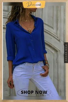 Woman Casual Buttoned Long Sleeve Solid V-neck Blouse Casual Blouse With Notched Neckline, Blue V-neck Blouse For Office, Solid Color V-neck Blouse For Office, Casual Solid V-neck Blouse, Casual Solid Color V-neck Blouse, Casual V-neck Tops For Office, Casual V-neck Office Tops, Chic Blue Split Neck Blouse, Blue Split Neck Blouse