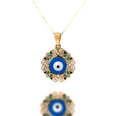 Experience the harmonious blend of love and protection with our Hand-Painted Evil Eye in Heart Frame Pendant. This uniquely crafted piece of jewelry combines the timeless symbol of the Evil Eye with the warmth of a heart-shaped frame, all meticulously hand-painted to create a stunning and meaningful accessory. Product Specifications:  * Material: 14k Solid Gold, hallmarked 14K or 585 for authenticity * Diameter: 17mm / 0.67in Delivery:  * Ready to ship in 1 business day. * Delivers in 1 to 5 day Gold Heart-shaped Evil Eye Jewelry, Symbolic Evil Eye Pendant Jewelry, Evil Eye Enamel Jewelry Gift, Gold Plated Evil Eye Amulet Necklace, Spiritual Gold Eye-shaped Necklace, Heart Shaped Frame, Timeless Symbol, Heart Frame, Chain Lengths