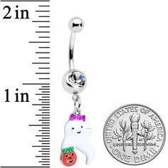 Clear Gem Trick or Treat Purple Bow Ghost Halloween Dangle Belly Ring Someone's all dressed up and ready for Halloween on this 14 gauge navel ring! It's made with a 3/8" durable 316L surgical grade stainless steel curved barbell with a 5mm top ball end. The bottom ball end is 8mm and set with a clear gem. Dangling beneath it is a ghost charm with a purple bow and pumpkin for trick or treating too!Specifications14 Gauge (1.6mm), 3/8" (10mm), 316L Surgical Grade Stainless Steel Curved Barbell, 5mm Novelty Hypoallergenic Halloween Jewelry, Hypoallergenic White Jewelry For Halloween, Purple Bow, Dangle Belly Rings, Navel Ring, Purple Bows, Ready For Halloween, Trick Or Treating, Navel Rings