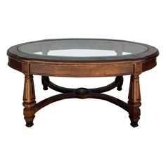 an oval glass top coffee table with wooden legs