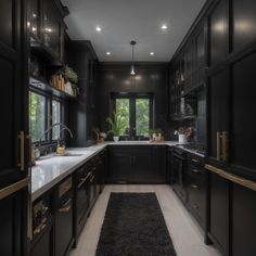 a large kitchen with black cabinets and white counter tops, along with a rug on the floor