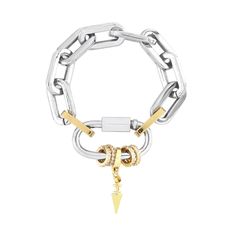 The CARABINER PAVE PUERTO BRACELET featuring a silver chunky chain link design and a silver carabiner clasp. The bracelet includes a stack of delicate gold rings adorned with sparkling diamonds and a gold spike link charm. Hand Candy, Diamond Gift, Stacked Bangles, Money And Happiness, Handmade Beaded Jewelry, A Bracelet, Zodiac Necklaces, Diamond Charm, Pave Ring