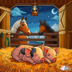 three little pigs are sleeping in the barn with their mother and baby horses on christmas morning