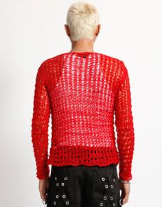 TRIPP NYC - HOLY PUNK SWEATER RED One Size Red Knitted Sweater, Red Punk T-shirt With Short Sleeves, Red Distressed Crew Neck Top, Red And Black Ripped Sweater, Oversized Red Ribbed Sweater, Chain Pants, Tripp Nyc, Small Hands, Red Sweaters