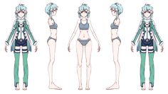 an anime character with blue hair and no shirt on, in four different poses for the animation