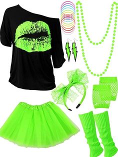 a woman wearing neon green clothing and accessories including socks, necklaces, bracelets