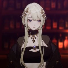 an anime character with long white hair and blue eyes wearing a black outfit, standing in front of a bookshelf