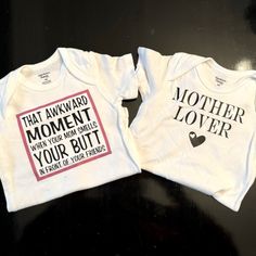 2 One Of A Kind Onesies Crafted With Htv Vinyl And Super Soft Onesies Funny Baby Shirts, Funny Onesies, Htv Vinyl, Funny Baby, Baby Shirts, Shower Gifts, Baby Stuff, Baby Shower Gifts, Onesies