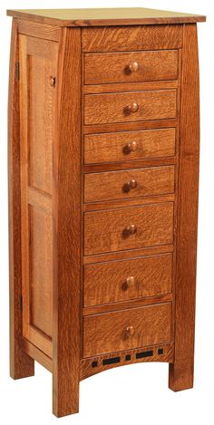 a wooden cabinet with five drawers on one side