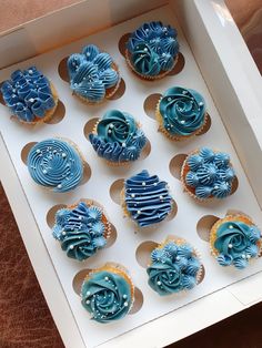 twelve cupcakes in a white box with blue frosting and swirl designs on them