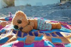 a brown teddy bear laying on top of a colorful blanket with sunglasses on it's face