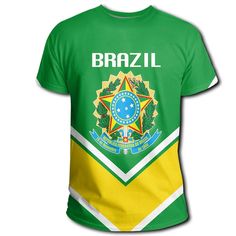 Brazil Coat Of Arms T Shirt Lucian StyleDescription Our Unisex T-shirt is made of a premium polyester blend, offering maximum comfort with a soft feel. It boasts an all-over print design created through a high-definition heat-dye application that ensures vibrant and long-lasting colors even after multiple washes. This T-shirt’s fabric is durable and resistant to wrinkles, shrinking, and mildew, ensuring its longevity. The thread line color is limited to black or white. Every T-shirt is custom pr Printed Short Sleeve T-shirt For Sports Events, Green Sports T-shirt With Custom Print, Green Custom Print Sports T-shirt, White T-shirt With All Over Print For Fans, White All Over Print T-shirt For Fans, Sports Short Sleeve Printed T-shirt, Sports Printed Short Sleeve T-shirt, Green Crew Neck T-shirt For Sports Events, Green Tops With Sublimation Print For Sports Events