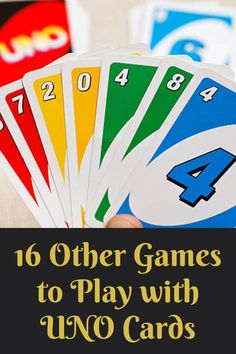 a person holding up cards with numbers on them and the words, 16 other games to play with uno cards