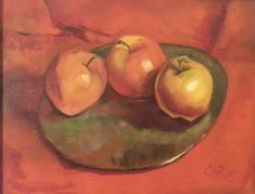 a painting of three apples on a green plate