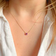 Delicate Bezel Set Pink Tourmaline Necklace 14K Yellow GoldTourmaline 4mm 0.25ctw 3.5mm deep Cable chainLobster clasp Thank you for visiting our shop!Visit our website DmKJewelry.comAlso Follow us on Instagram https://www.instagram.com/dmkjewelry_/ Everyday Tourmaline Gemstone Jewelry, Round Tourmaline Birthstone Necklace, Tourmaline Birthstone Necklace, Pink Sapphire Gemstone Jewelry Gift, Tourmaline Jewelry With Prong Setting, Gift, Tourmaline Jewelry With Prong Setting, Ruby Birthstone Necklace With Round Gemstone, Round Pink Sapphire Jewelry Gift, Ruby Gemstone Birthstone Necklace