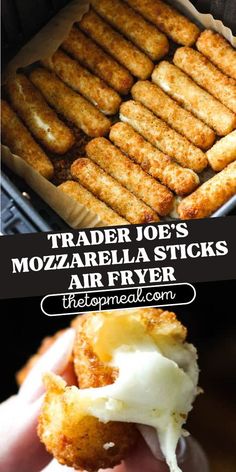 a person holding food in their hand with the words trader joe's mozzarella sticks air fryer