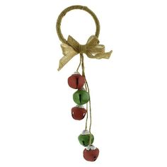 an ornament hanging from a string with apples on it's end and a bow