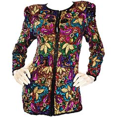 Sensational vintage silk jacket! Features thousands of hand-sewn sequins and beads throughout. Vibrant pops of color. Wonderful tailored fit, with hook-and-eye closures up the bodice. Features shoulder pads, which can easily be snipped out, if desired. Can easily be dressed up or down. Great with a tee and shorts or jeans for day, and perfect over a skirt or dress for evening. 100% silk. In great condition. Approximately Size Medium Measurements: 36-38 inch bust Up to 34 inch waist Jacket Dress Outfit, Vintage Sequin Jacket, Chiffon Jacket, Upcycle Clothes Diy, Beaded Jacket, Cardigan Vintage, Sequin Jacket, Lace Jacket, Silk Jacket