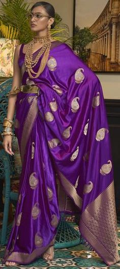 Purple and Violet color Saree in Satin Silk, Silk fabric with Weaving work Purple Weave, Bridesmaid Saree, Ethnic Sarees, Purple Satin, Purple Fabric, Purple Silk, Traditional Sarees, Satin Silk, Indian Sarees