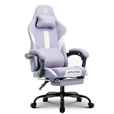 a purple office chair with white trimmings on the back and arms, sitting in front of a white background