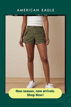 Snappy stretch fabric/Zip fly with button closure/Front patch pockets with zip closure/Back pockets with flap closure/These shorts are Real Good: Made with the planet in mind & a promise to continue to do better. Sporty Solid Pull-on Style Shorts, High-rise Relaxed Fit Green Shorts, Green Relaxed Fit High-waisted Shorts, Sporty Relaxed Fit Pull-on Shorts, Shorts American Eagle, Do Better, Women's Jeans, High Waisted Shorts, American Eagle Outfitters