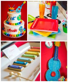 a collage of photos with cakes, candy and cake decorating items on it