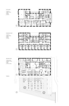 the floor plan for an office building with three floors and two levels, all in different sections