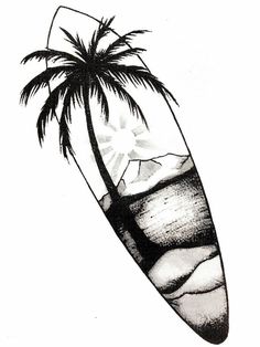 a black and white drawing of a surfboard with a palm tree on the top